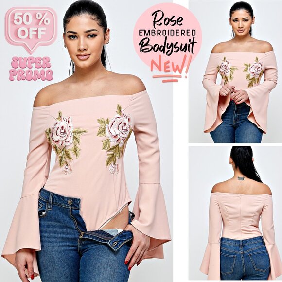 NEW Floral Rose Embroidered Blush Pink Off Shoulder Bell Sleeve Boho Bodysuit - Picture 1 of 10